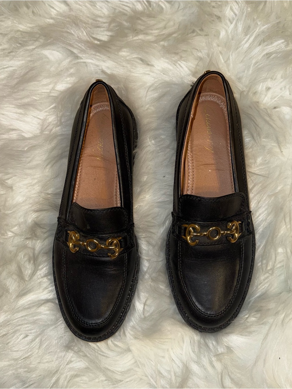Circus by Sam Edelman Black Leather Loafers with Gold Horsebit